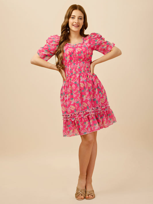 Leah Pink Floral Smock Dress With Bell Sleeves