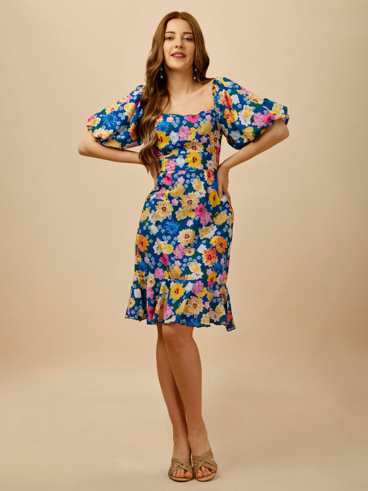 Daisy Floral Print A-Line Dress With Puff Sleeves